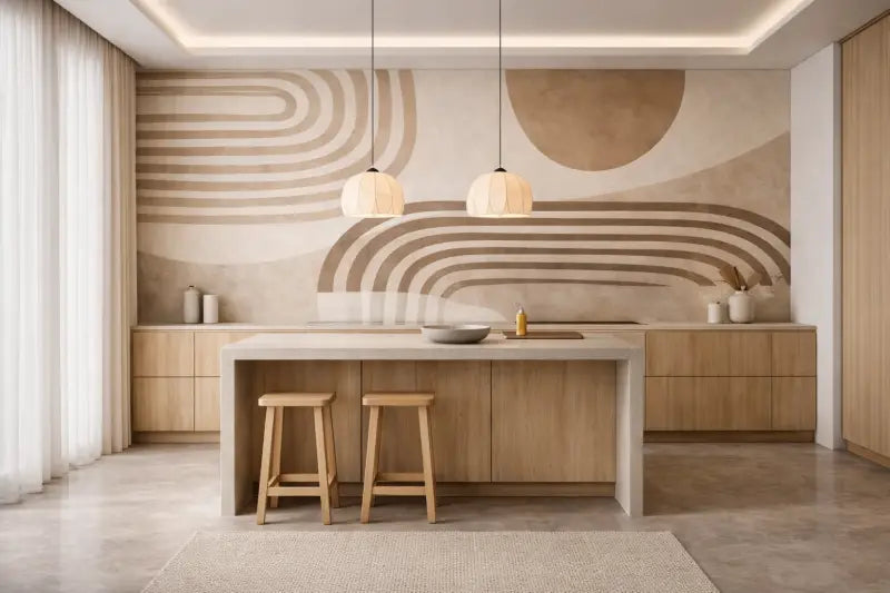 Île de cuisine minimaliste moderne avec meubles en bois clair et un plan de travail blanc élégant.