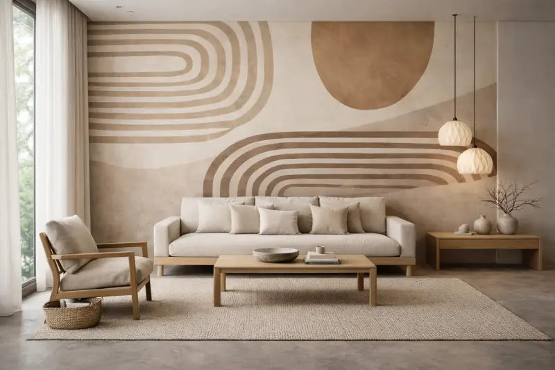 Canapé rembourré beige avec cadre en bois et coussins décoratifs assortis.