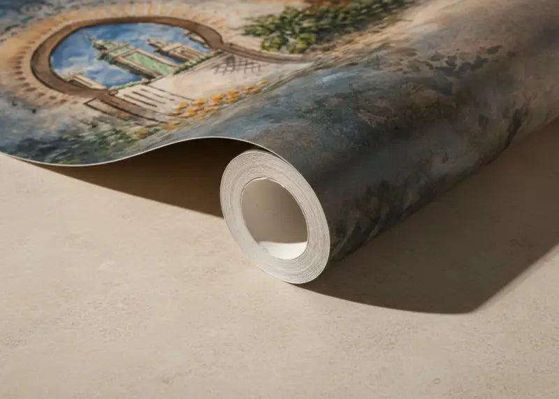 Un papier peint enroulé présentant une scène architecturale classique détaillée avec des bleus atténués et des tons terreux.
