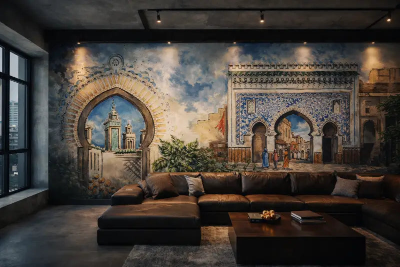 Canapé d’angle en cuir marron avec des coussins de jet gris foncé et une table basse en bois devant