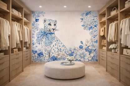 Une fresque peinte en bleu et blanc frappante représentant un léopard orné de motifs floraux.