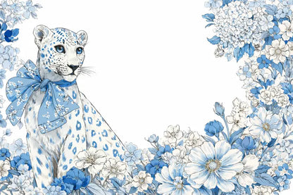 Un léopard des neiges illustré délicat en bleu et blanc orné d’une cravate à motif, entouré de bordures florales.