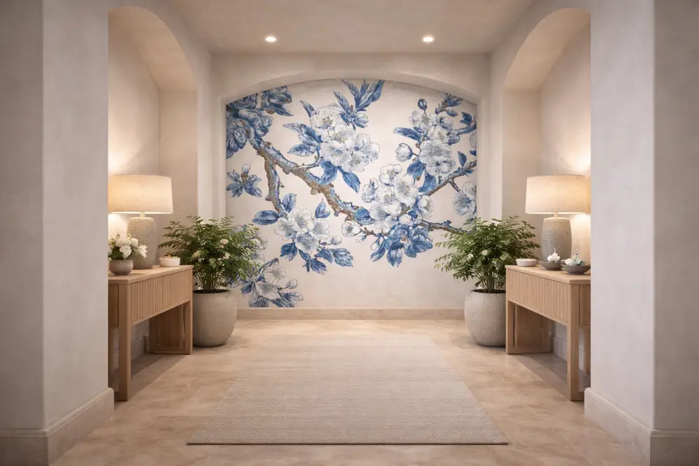 Une fresque décorative bleue et blanche aux motifs floraux orne le mur en arc, présentant de délicates fleurs et feuilles dans un design classique inspiré de la porcelaine.