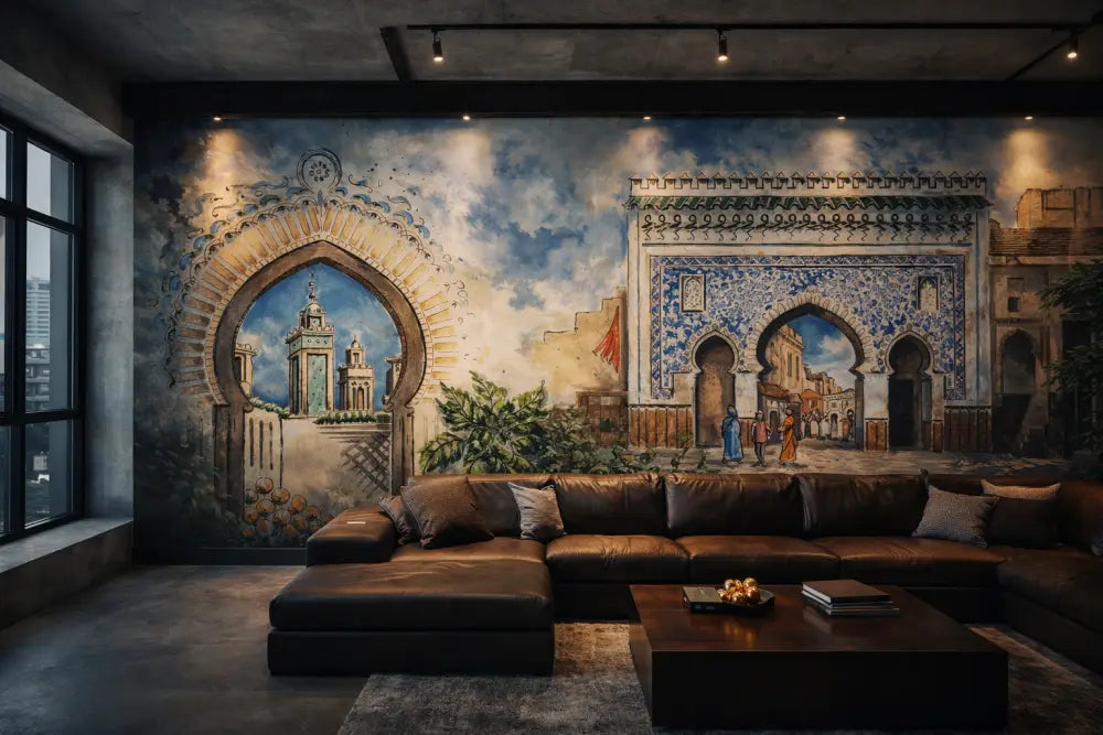 Canapé d’angle en cuir marron avec des coussins de jet gris foncé et une table basse en bois devant