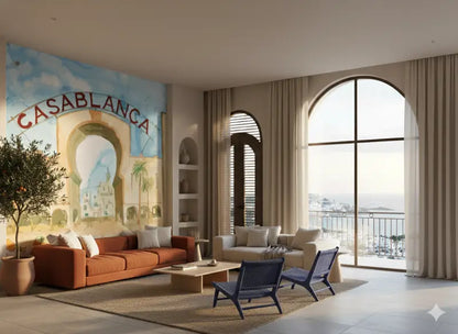 Le salon comporte un canapé orange vibrant avec des coussins moelleux et des lignes propres et modernes.