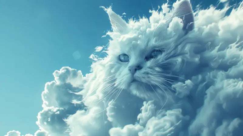 Un chat blanc duveteux aux yeux bleus saisissants émerge d’un nuage doux et gonflé de texture cotonneuse contre un ciel clair.