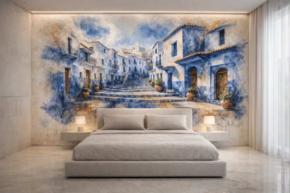 Un lit serein et minimaliste avec un cadre rembourré gris élégant et une literie assortie.