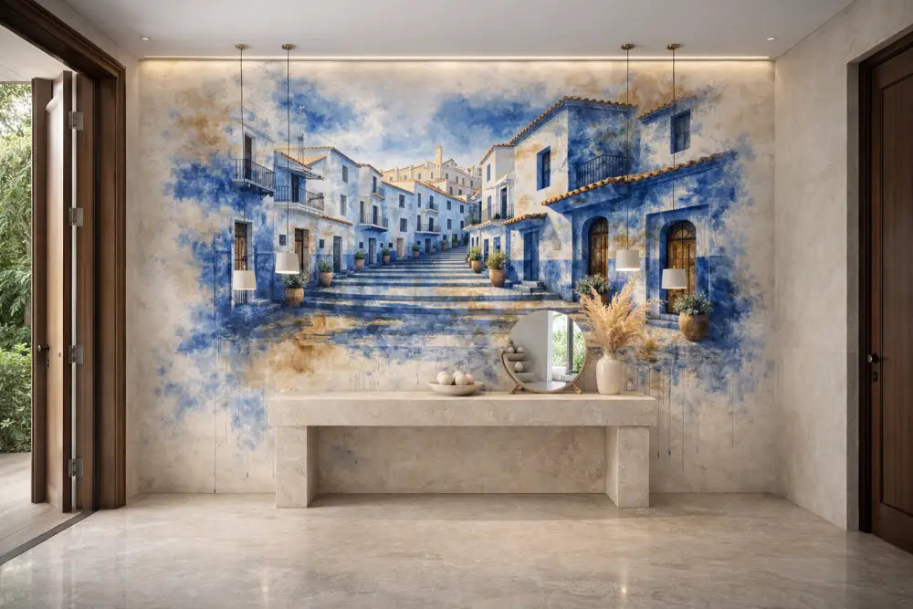 Une vibrante fresque aquarelle bleu et blanc représentant une rue pavée bordée de bâtiments traditionnels de style européen.