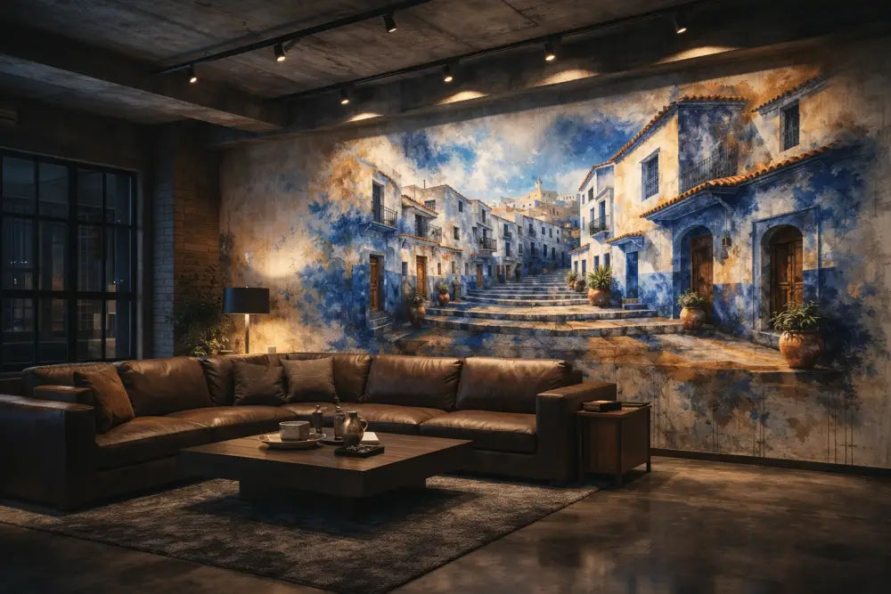 Canapé d’angle en cuir marron avec coussins moelleux et une table basse en bois sombre devant.