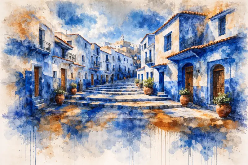 Une peinture à l’aquarelle d’une rue pavée bordée de bâtiments bleus et blancs, avec des pots en terre cuite contenant des plantes vertes à la base.