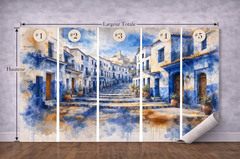 Papier Peint Panoramique Chefchaouen Aquarelle | Mur d’Accent Artistique - PIXARA - papier peints