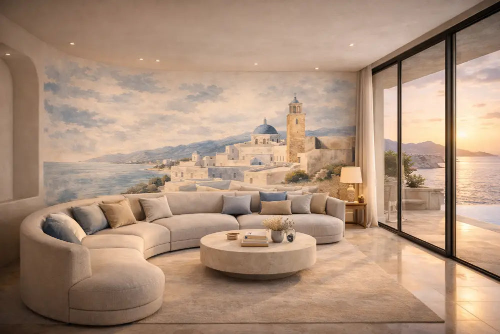 Papier Peint Panoramique Chefchaouen Bleu Aquarelle – Fresque Murale Luxe