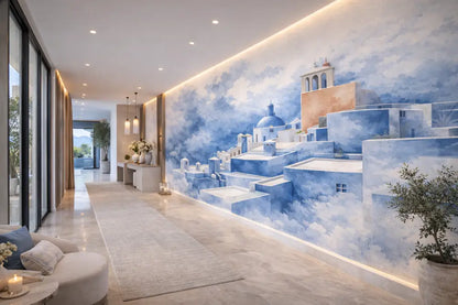 Papier Peint Panoramique Chefchaouen Bleu Aquarelle – Fresque Murale Luxe