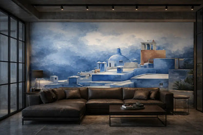 Papier Peint Panoramique Chefchaouen Bleu Aquarelle – Fresque Murale Luxe