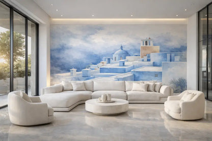 Papier Peint Panoramique Chefchaouen Bleu Aquarelle – Fresque Murale Luxe