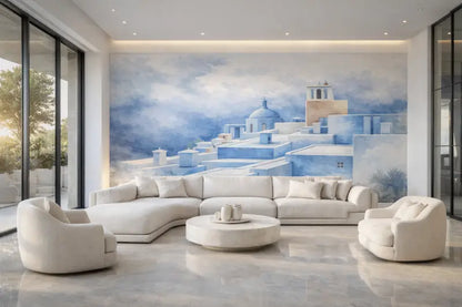 Canapé d’angle blanc aux lignes douces et courbées avec coussins assortis blancs