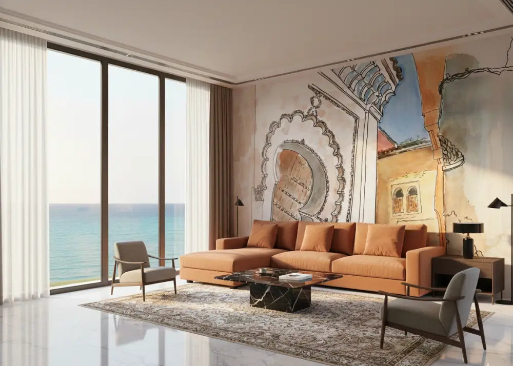 Canapé sectionnel orange avec coussins moelleux et un design moderne aux angles marqués