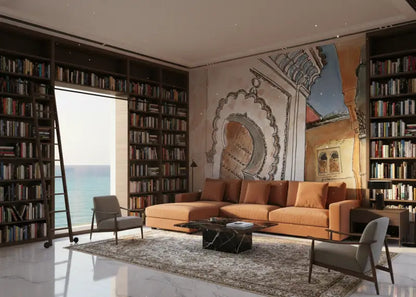 Canapé sectionnel beige avec coussins moelleux et accoudoirs en bois