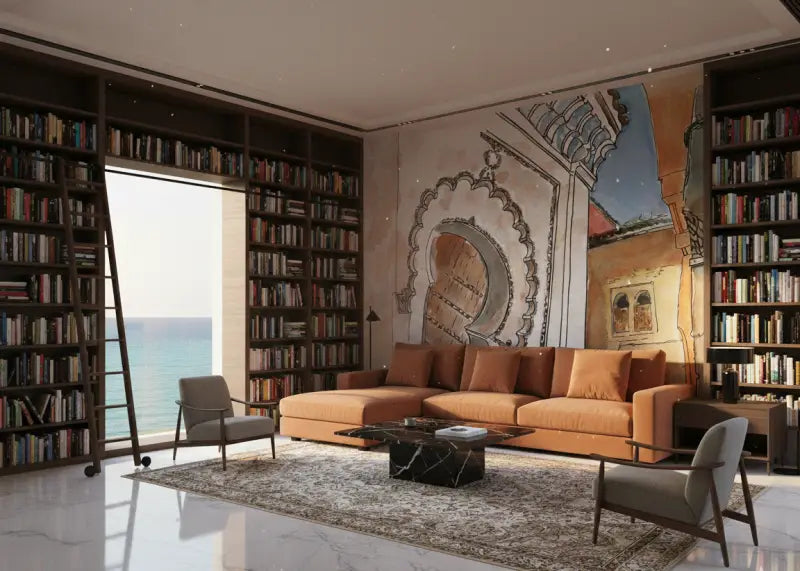 Canapé sectionnel beige avec coussins moelleux et accoudoirs en bois