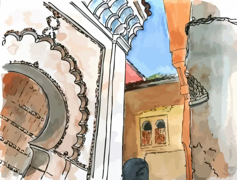 Une illustration à l’aquarelle d’une porte arquée ornée avec des détails complexes en forme de coquilles Saint-Jacques et un toit en tuiles au-dessus.