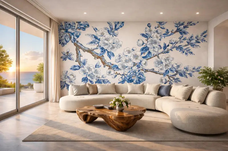 Un grand canapé sectionnel courbé rembourré d’un tissu beige doux avec un design capitonné et plusieurs coussins assortis.