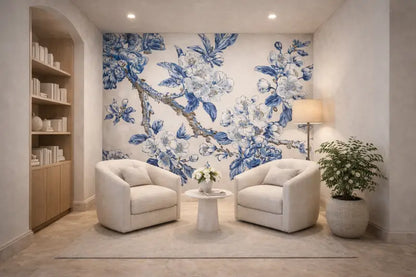 Le mur présente une grande fresque murale complexe de branches en fleurs aux nuances de bleu et de blanc sur un fond blanc cassé.