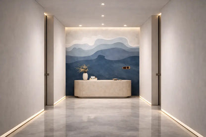 Comptoir d’accueil en marbre beige avec une surface lisse et incurvée et un design minimaliste.