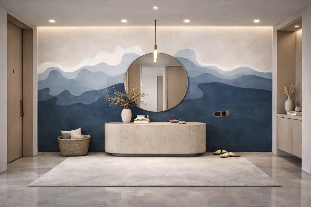 Un miroir élégant en forme ovale avec un cadre métallique minimaliste est suspendu au centre au-dessus d’une table console moderne dans un vestibule élégamment conçu.