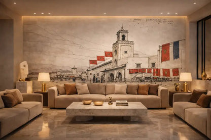 Canapé sectionnel beige avec des coussins décoratifs marron et une table basse en marbre assortie.