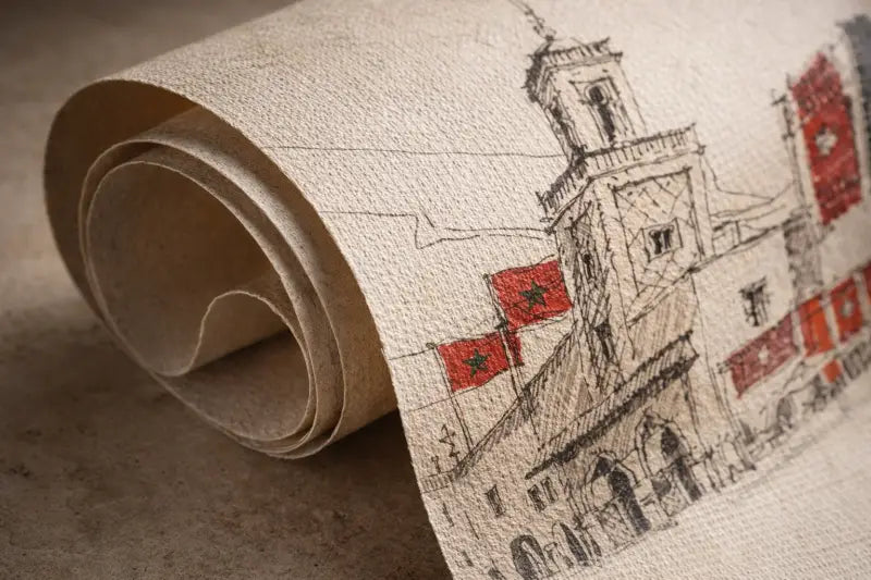 Rouleau de tissu texturé beige présentant une esquisse détaillée à l’encre noire d’architecture marocaine avec des drapeaux rouges portant des étoiles vertes.