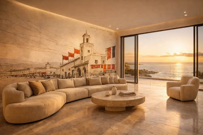 Canapé d’angle courbé beige avec coussins moelleux et une table basse ronde en marbre assortie.