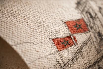 Tissu texturé beige orné de drapeaux rouges brodés avec des étoiles vertes.