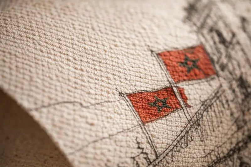 Tissu texturé beige orné de drapeaux rouges brodés avec des étoiles vertes.