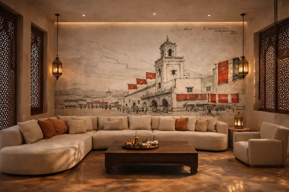 Canapé sectionnel beige à design courbé avec coussins décoratifs assortis.