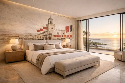 Lit rembourré beige avec ottomane assortie et literie aux tons neutres.