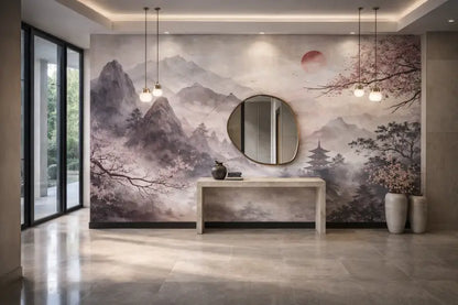 Le mur présente une grande fresque détaillée avec des montagnes brumeuses et des cerisiers en fleurs dans des gris, des roses et des bruns doux.