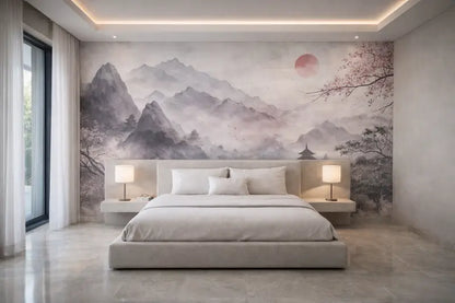 Un lit minimaliste capitonné gris avec un cadre à profil bas et des oreillers blancs assortis.