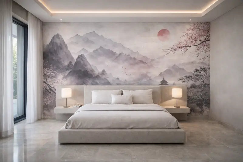 Un lit minimaliste capitonné gris avec un cadre à profil bas et des oreillers blancs assortis.