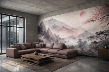 Canapé d’angle en cuir marron avec coussins moelleux et un design moderne et minimaliste.