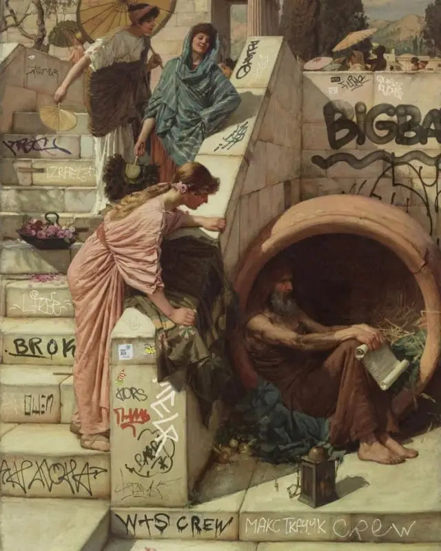 La peinture représente une scène avec plusieurs figures, y compris des femmes en vêtements flottants et un homme assis à l’intérieur d’une arche en pierre ancienne.