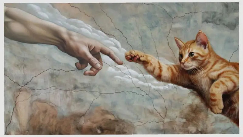 Un chaton roux tigré avec une fourrure rayée et de grands yeux curieux tend la patte vers une main humaine dans une réinterprétation ludique de la scène de la création.