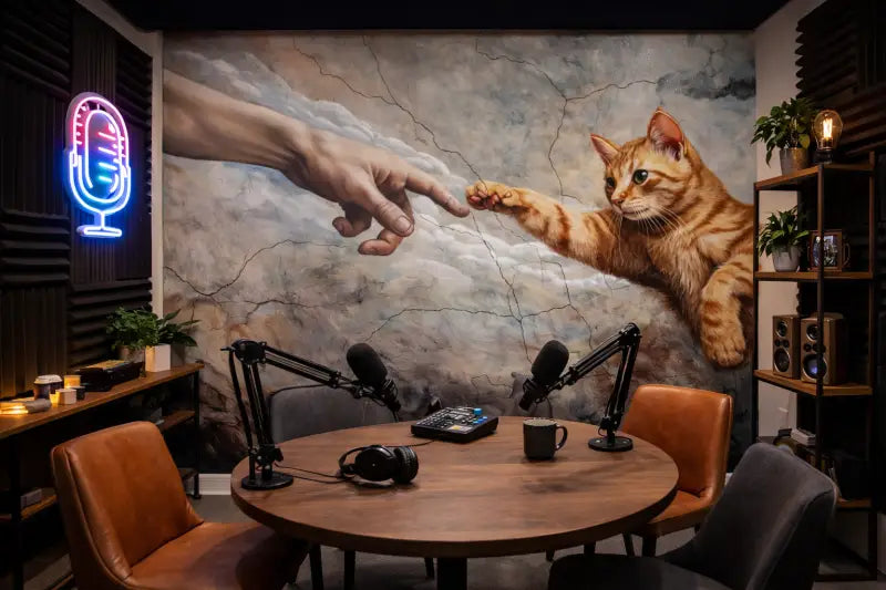 Un panneau de microphone néon vibrant qui brille en teintes roses et bleues.