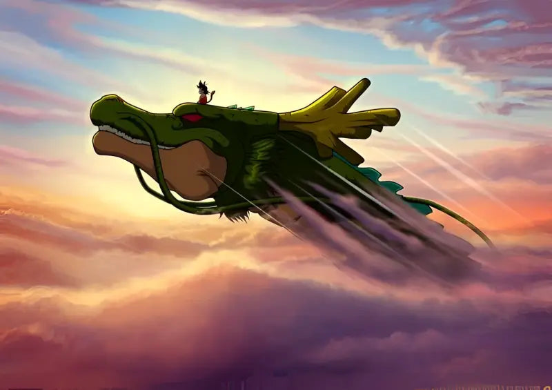 Un dragon vert aux ailes jaunes et au ventre brun vole dans le ciel, portant une petite silhouette sur son dos.