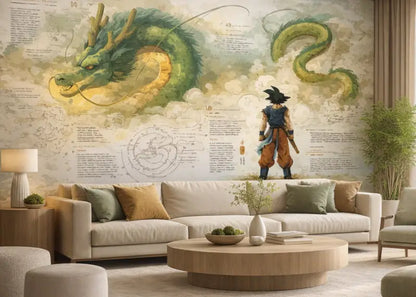 Une fresque vibrante d’un dragon vert avec des écailles intricées et des accents dorés, présentant des diagrammes techniques détaillés et des annotations sur un fond beige texturé.