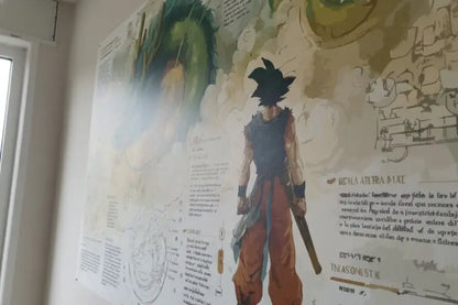 Une affiche détaillée et illustrée mettant en vedette le personnage Goku de Dragon Ball avec sa chevelure noire emblématique en pics et son gi orange avec un sous-vêtement bleu foncé.