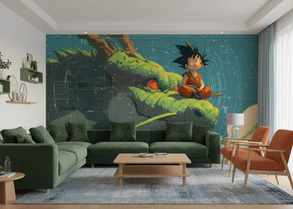 Une fresque murale vibrante en vert-bleu mettant en scène un personnage de dessin animé aux cheveux noirs hérissés assis sur une branche d’arbre verte, sur un fond d’éléments stylisés de forêt et de ciel.