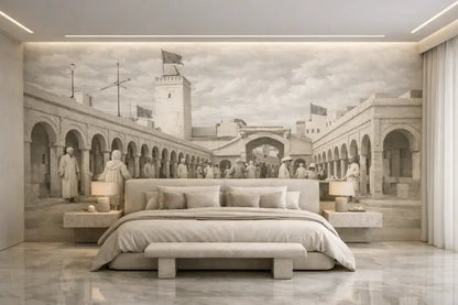 Le lit présente un design élégant et moderne avec un cadre à profil bas et un tête de lit rembourré assorti en tissu beige doux.