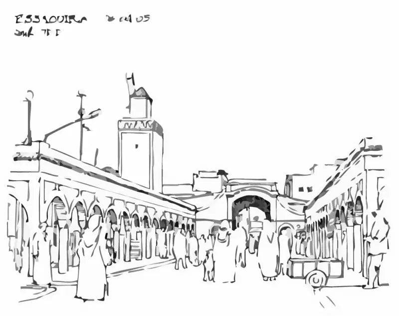 Croquis en noir et blanc d’une scène de rue animée à Essaouira, au Maroc.