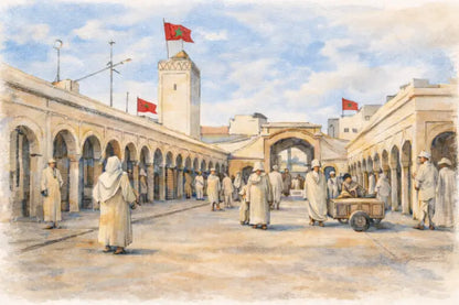 Une peinture à l’aquarelle représente un souk marocain animé avec des passerelles arquées, des drapeaux du Maroc flottant au sommet des tours et des bâtiments.