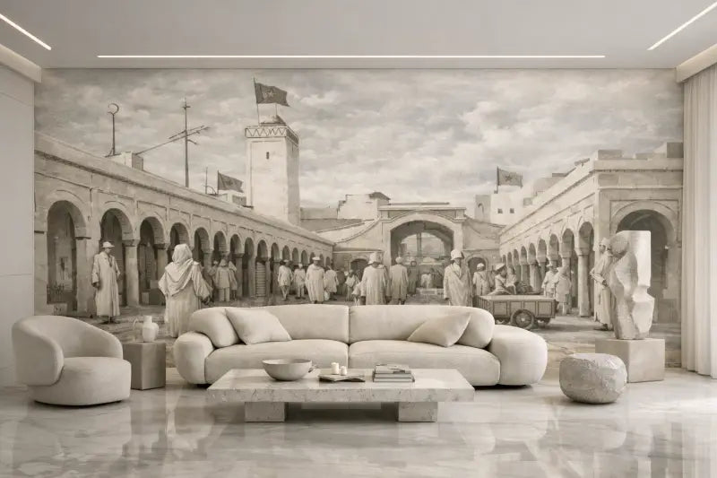 Le canapé modulaire beige et moderne présente un design élégant et arrondi avec des coussins moelleux et repose sur un sol en marbre poli.